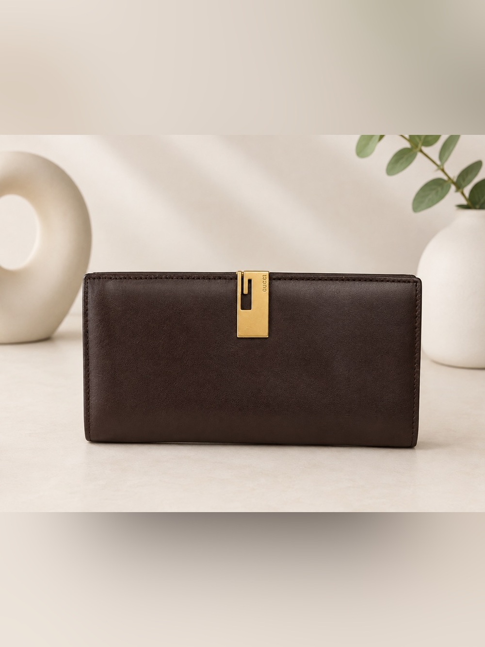 Vintage Gucci Brown Leather Long Wallet with Gold Hardware